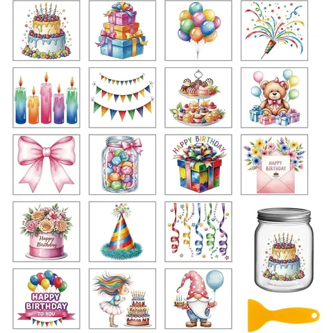 Waterproof Watercolor Cold Transfer Stickers for Glass Cup Ceramic DIY Crafts 18 Sheets Pack Birthday Food Coffee Theme Decorative Labels