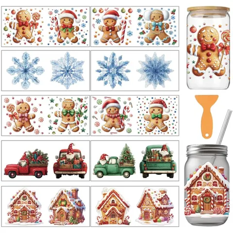 Autocollants de Transfert à Froid UV DTF pour Verres Libbey Noël Petit Bonhomme de Pain d'Épices Stickers Imperméables DIY Cadeau