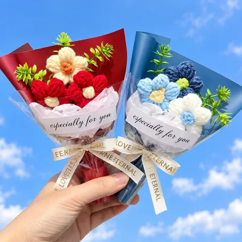 Handmade Knitted Yarn Sunflower Bouquet Simulated Puff Flowers Artificial Flower Gift For Wedding Valentine Day Souvenir Home Decor
