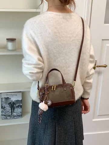 Retro PU Leather Contrast Color Boston Bag For Women Elegant Small Pillow Shoulder Bag Versatile Handbag Crossbody Bag For Daily Use