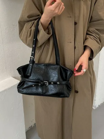 Vintage PU Leer Grote Capaciteit Tote Bag Maillard Bruin Schoudertas Voor Vrouwen Retro Woon-werkverkeer Handtas Met Riem Decoratie