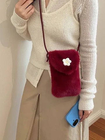 Women Faux Fur Plush Mobile Phone Crossbody Bag With Knitted Flower Decor Autumn Winter Mini Shoulder Bag Cell Phone Pouch Daily Travel Purse
