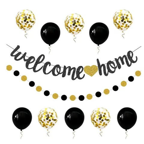 Welkom Thuis Feest Banner Ballon Set Zwart Goud Glitter Letter Slingers Voor Viering