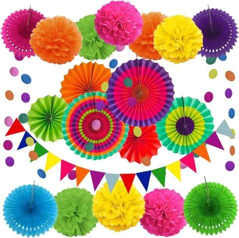 Fleur Éventail en Papier Coloré Pompons Guirlande Fanions Triangle Décor en Papier pour Fête Anniversaire Mariage