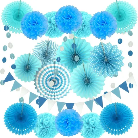 Fleur Éventail en Papier Coloré Pompons Guirlande Fanions Triangle Décor en Papier pour Fête Anniversaire Mariage