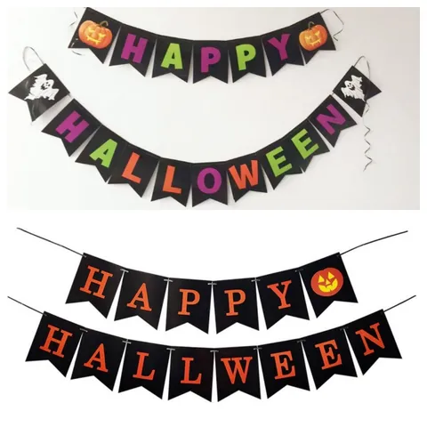 Decorazione per Festa di Halloween Banner Happy Halloween Girlanda di Zucca e Fantasma Carta Cartoncino Bianco Forniture per Bandierine