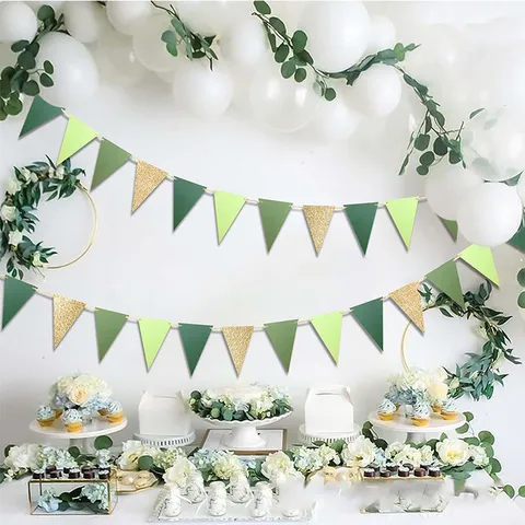Bandiera a Triangolo in Carta Cipolla Dorata Festa di Compleanno Ghirlanda Decorativa Stendardi di Carta Glitterata Verde per Eventi