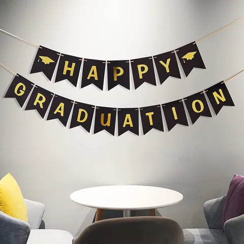 Bannière de Fête de Graduation Joyeuse Graduation Chapeau Académique Estampé à l'Or Guirlande de Fanions pour Fournitures de Fête de Cérémonie