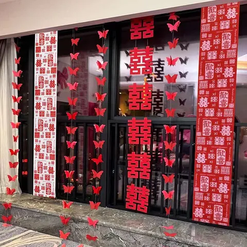 Decorazione Sospesa Doppio Felicità Tradizionale Cinese in Tessuto Non Tessuto Banner Lungo per Festa di Matrimonio