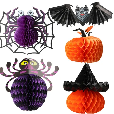 Decorazione di Halloween Ornamenti Sospesi in Carta a Nido d'Ape Pipistrello Zucca Ragno Piegatura 3D Accessori per Festa