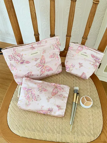 Women Travel Cosmetic Bag Canvas Butterfly Embroidery Toiletry Storage Pouch Portable Makeup Organizer Handbag