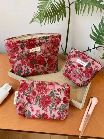 Vintage Red Rose Floral Jacquard Cosmetic Bag Women Handheld Zipper Storage Pouch Portable Makeup Organizer