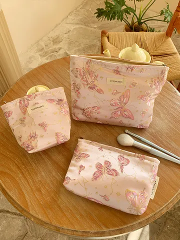 Women Travel Cosmetic Bag Canvas Butterfly Embroidery Toiletry Storage Pouch Portable Makeup Organizer Handbag