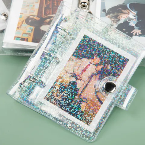 Mini Álbum de Fotos de PVC Transparente de Hojas Sueltas de 3 Pulgadas Libro de Almacenamiento de Boletos Carpeta con Brillo