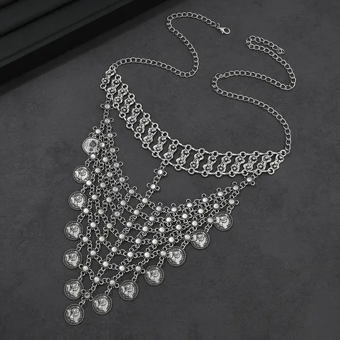 Vintage Zilveren Munt Kwastje Gezichtsketting Midden Oosten Exotisch Metalen Gaas Masker Buikdans Performance Accessoire Voor Dames