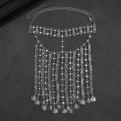Voile de Visage Exotique en Alliage de Zinc avec Glands de Pièces Tête Rétro Style Ethnique Masque de Photographie Bijoux Femme Argent Antique