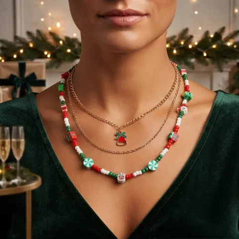 Meerlaagse Kerstketting Kerstman Boom Bel Polymeerklei Kralen Legering Ketting Feestelijke Sieraden Voor Vrouwen Feestcadeau