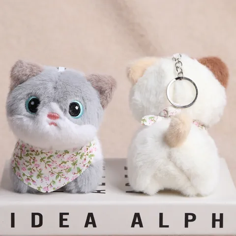Porte-Clés Peluche Chat Style Japonais Avec Écharpe Florale Jouet Chatton Doux en Polyester Pour Décoration de Sac à Dos