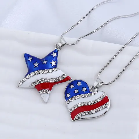 Europese Amerikaanse Mode Legering Strass Amerikaanse Vlag Hart Pentagram Hanger Ketting Oorbellen Set Vrouwen Sieraden