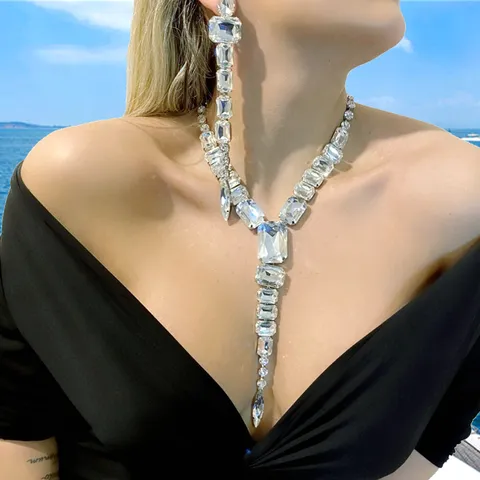 Overdreven Lange Glas Kristal Halsketting En Oorbellen Set Mode Statement Sieraden Voor Vrouwen