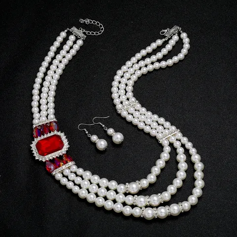 Bruid Huwelijk Meerlaagse Kunstperl Halsketting Set Elegante Legering Kristal Strass Statement Sieraden Voor Vrouwen