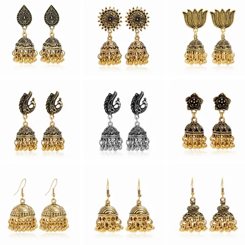 Vintage Etnische Legering Strass Kwast Jhumka Oorbellen Antiek Goud Zilver Verguld Oorbellen Sieraden Voor Dames