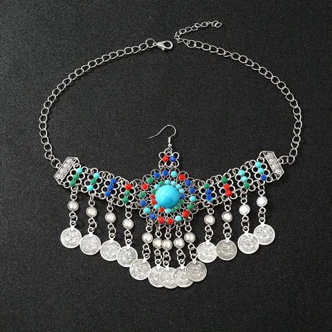 Chaîne de Front Style Ethnique Bohème avec Gland de Pièce Rétro Gitan Kazakh Danse Exotique Performance Chaîne de Tête Bijoux en Strass pour Femmes