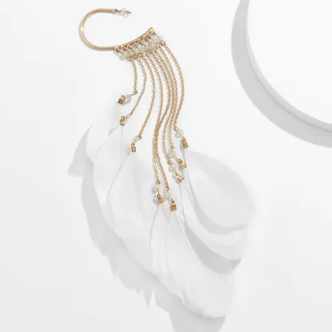 Overdreven Boheemse Veer Kwastje Lange Oorchetch Oorbellen Voor Vrouwen Gouden Metalen Keten Mode Feest Sieraden