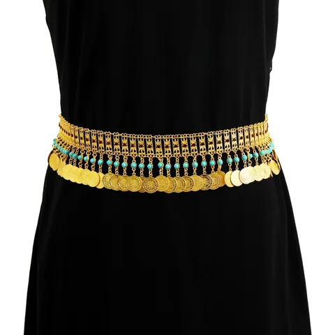 Bohemian Vintage Ethnic Rhinestone Coin Tassel Waist Chain Women Dress Accessories Gold Metal Body Jewelry
