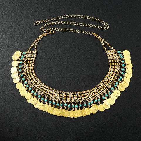 Bohemian Vintage Ethnic Rhinestone Coin Tassel Waist Chain Women Dress Accessories Gold Metal Body Jewelry