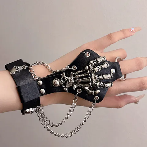 Punk Rock Schedel Hand Klauw Leer Klinknagel Armband Vinger Verbonden Armband Gotische Legering Zwarte Handketting Sieraden Cadeau