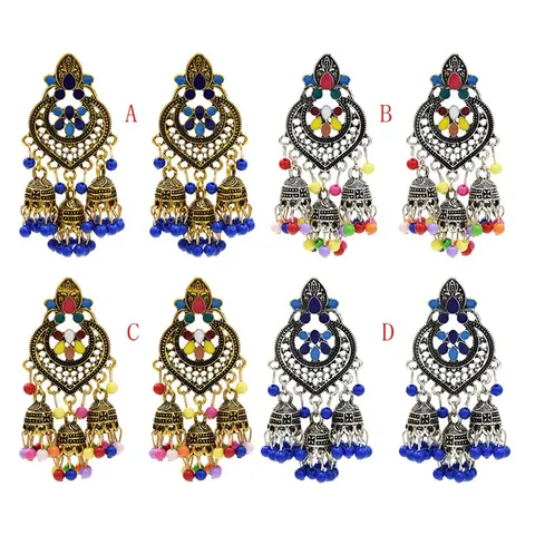 Vintage Etnisch Legering Druipende Olie Kwast Jhumka Oorbellen Kleurrijke Parel Hangende Oorbellen Voor Vrouwen