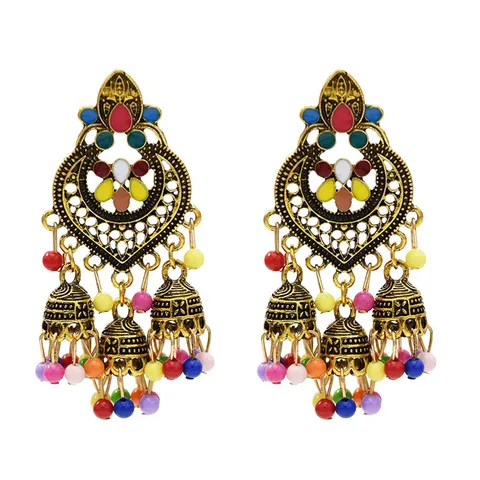 Vintage Etnisch Legering Druipende Olie Kwast Jhumka Oorbellen Kleurrijke Parel Hangende Oorbellen Voor Vrouwen