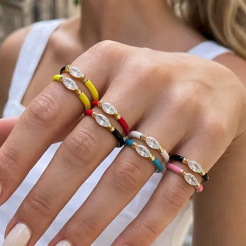 Verstellbarer Offener Ring Vergoldetes Kupfer Emaille Tropföl Wassertropfen Herz Zirkon Modeschmuck Für Damen