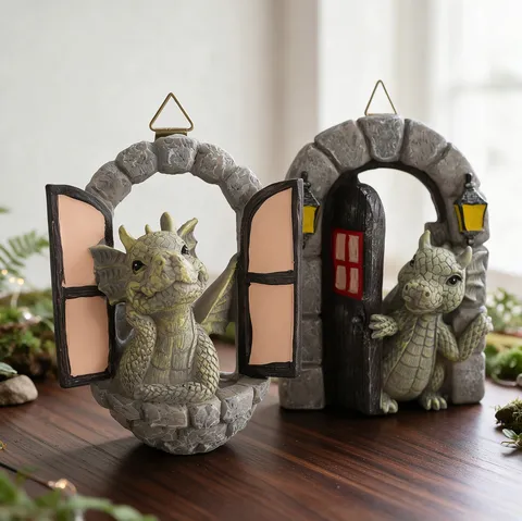 Resin Dragon Dinosaur Figurine Garden Decor Fantasy Fairytale Dragon Opening Window Door Statue Yard Decoration Craft Ornament
