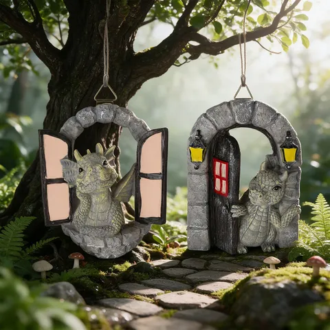 Resin Dragon Dinosaur Figurine Garden Decor Fantasy Fairytale Dragon Opening Window Door Statue Yard Decoration Craft Ornament