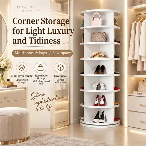 360 Degree Rotating Shoe Rack White Tiered Storage Tower For Handbags Shoes Dustproof Cabinet Space Saving Home Organizer