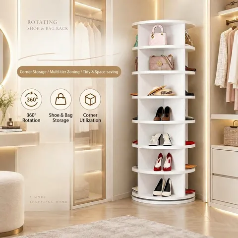 360 Degree Rotating Shoe Rack White Tiered Storage Tower For Handbags Shoes Dustproof Cabinet Space Saving Home Organizer