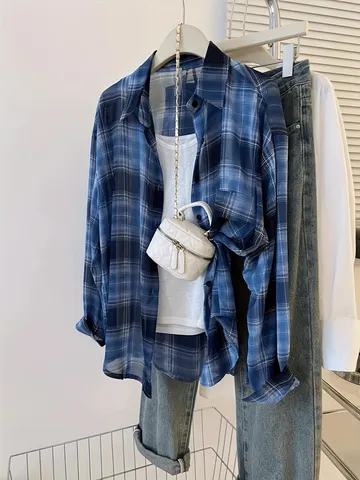 Women Plus Size Plaid Chiffon Sun Protection Shirt Lightweight Long Sleeve Loose Fit Casual Button Down Summer Blouse Outerwear