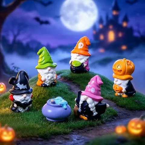 Halloween Resin Gnome Figurines Witch Skull Pumpkin Mini Ornaments DIY Micro Landscape Decoration Desktop Car Home Decor