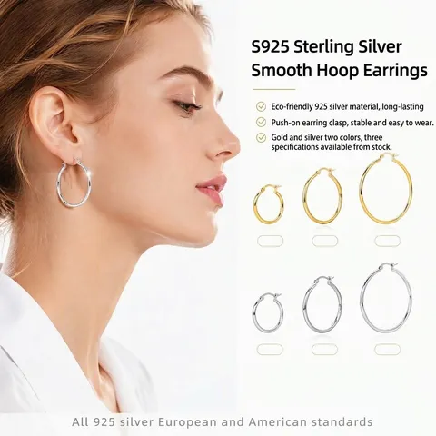 925 Sterling Silver Hoop Earrings Gold Silver Plated Minimalist Geometric Round Plain Loop Earrings For Women Jewelry Gift