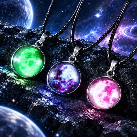 Mode Lichtgevende Melkweg Maan Hanger Ketting Voor Mannen Vrouwen Glow In The Dark Glas Cabochon Legering Ketting Met Wastouw