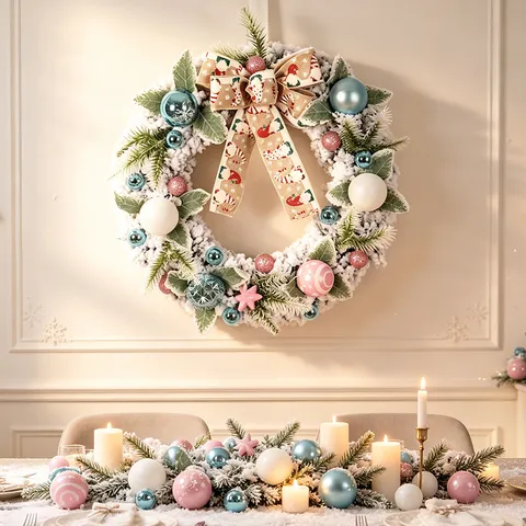 Weihnachts Kranz Beflockt PE PVC Künstliche Kiefer Girlande Mit Rosa Blauen Kugeln Leinen Gnom Schleife Für Haustür Deko