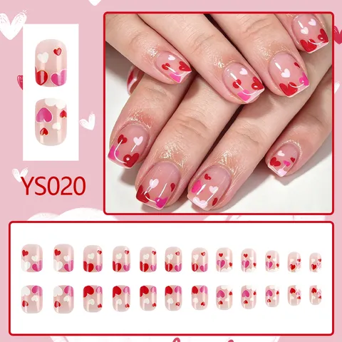 Short Square Glossy Press On Nails Heart Pattern Fake Nails With Adhesive Tabs Valentine's Day Manicure DIY For Women