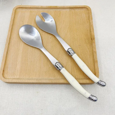 Laguiole Style Stainless Steel Salad Server Set Long Handle Mirror Polished Fork Spoon Salad Mixing Kitchen Cutlery