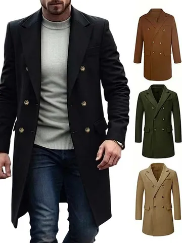 Manteau en Laine à Double Boutonnage pour Hommes Mi-Long Col à Revers Hiver Affaires Décontracté Trench en Polyester Uni