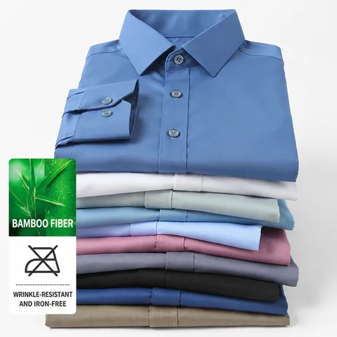 Men's Bamboo Fiber Dress Shirt Elastic Non-Iron Slim Fit Business Formal Long Sleeve Shirt Solid Color Professional Top