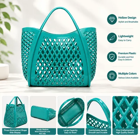 Women Fashion PVC Hollow Out Jelly Handbag Large Capacity Waterproof Beach Bag Woven Style Shopping Basket For Bath Shower