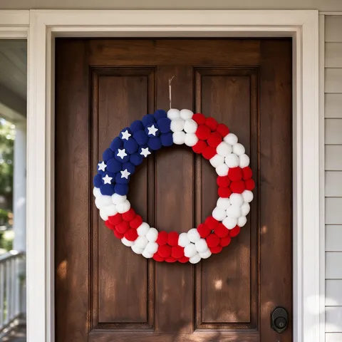 Couronne de Pompons Jour de l'Indépendance Américaine Rouge Blanc Bleu Décoration Patriotique de Porte Avec Étoiles 4 Juillet