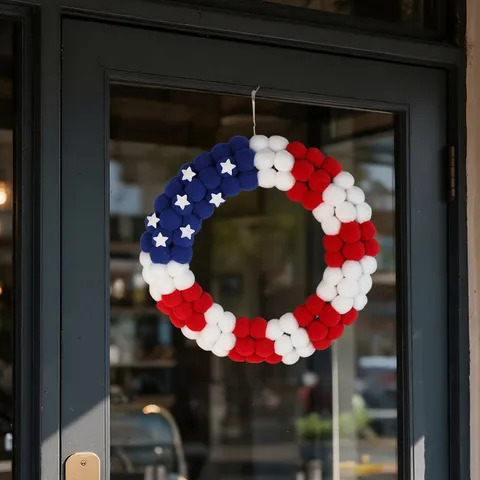 Couronne de Pompons Jour de l'Indépendance Américaine Rouge Blanc Bleu Décoration Patriotique de Porte Avec Étoiles 4 Juillet